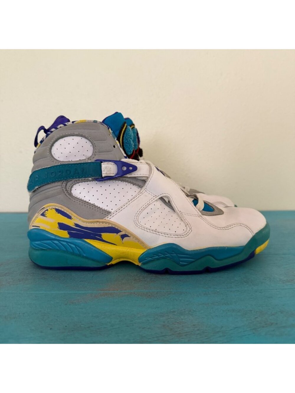 Air Jordan 8 Retro Aqua Basketball Shoes White Purple Teal Yellow Sz 7.5